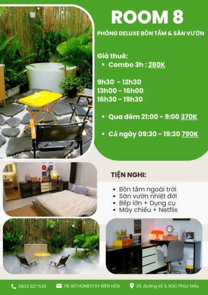 ROOM 8: PHÒNG DELUXE  BỒN TẮM VÀ SÂN VƯỜN